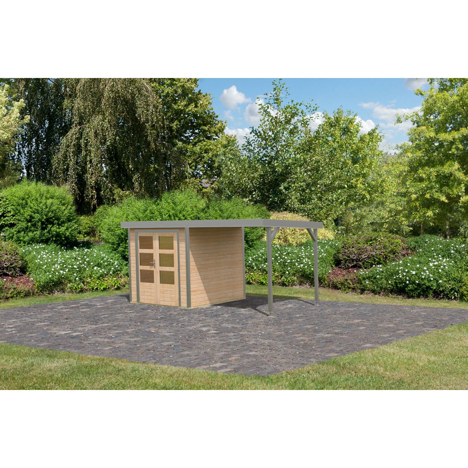 Karibu Gartenhaus Ernesto A m. Anbaudach Natur/Grau 208,5 x 209 x 213 cm günstig online kaufen