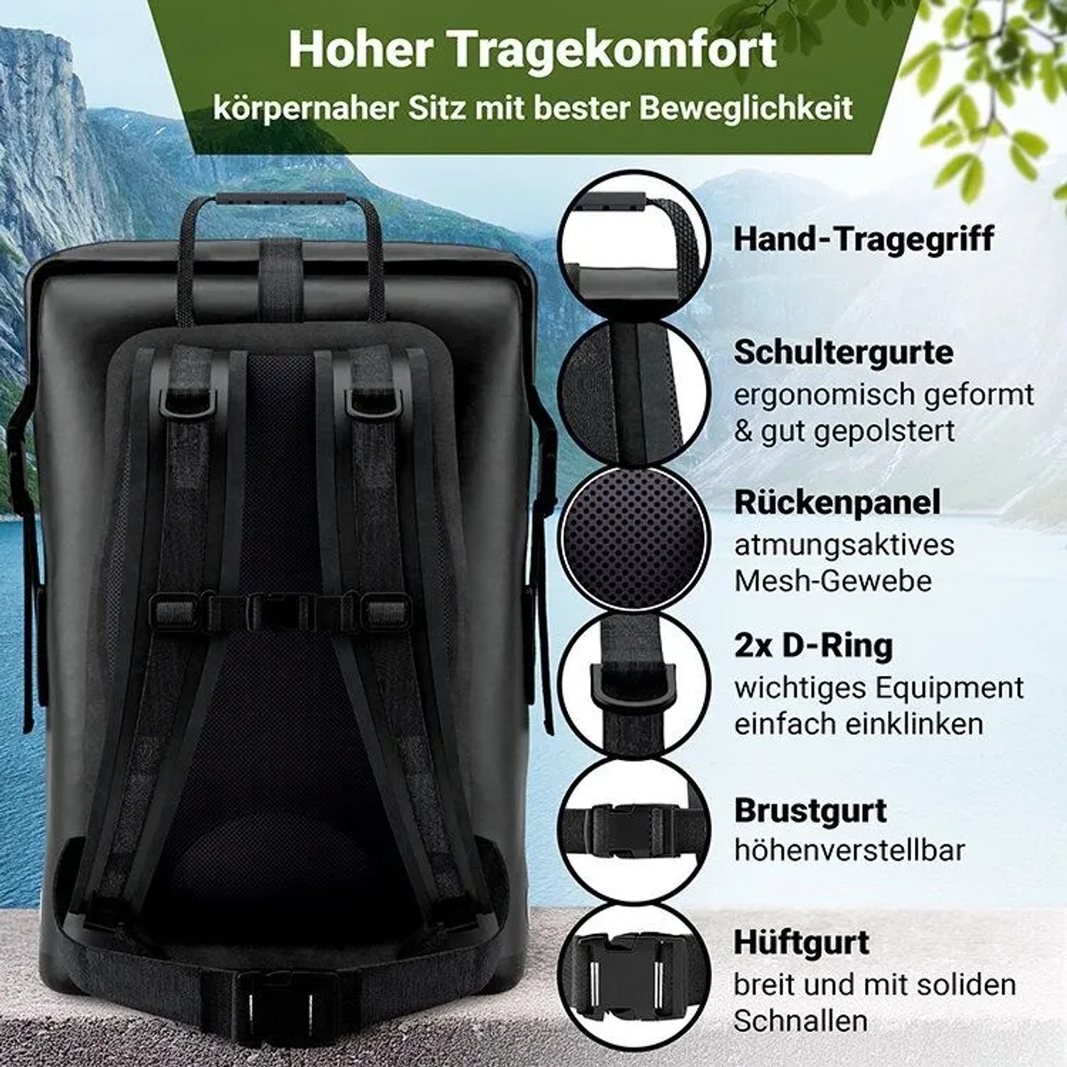 Schwarzer SCANDIC NATURE Pioneer 55L Rucksack für Outdoor, Wandern und Trekking mit Roll Top.