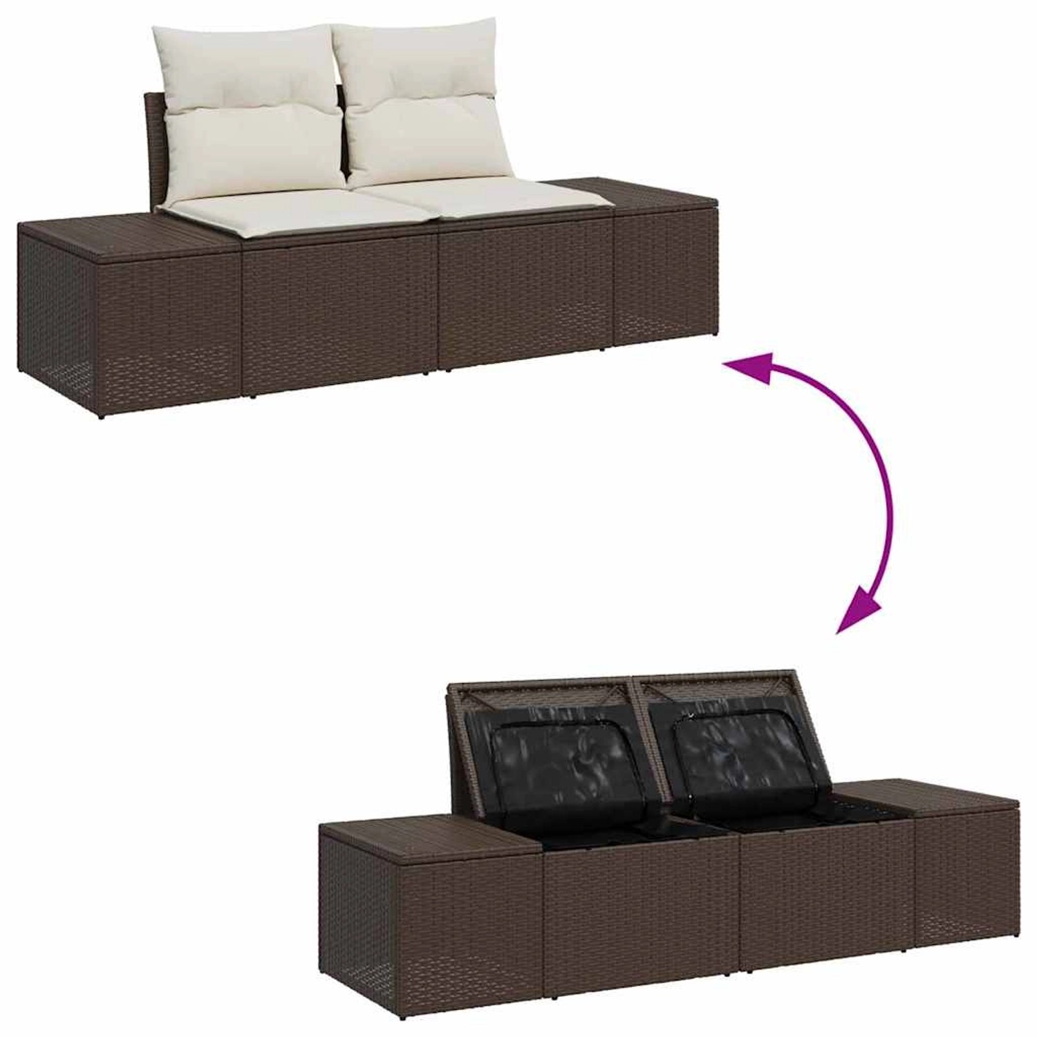 Braunes 7-tlg. vidaXL Garten-Sofa-Set aus Rattan mit Stauraum und beigen Kissen.