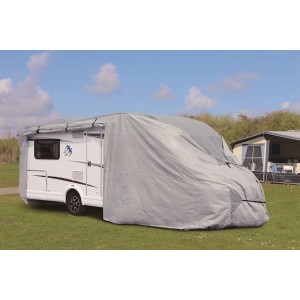 Graue Garden Pleasure Wohnmobil-Abdeckplane Größe M schützt ein Wohnmobil vor Witterungseinflüssen.