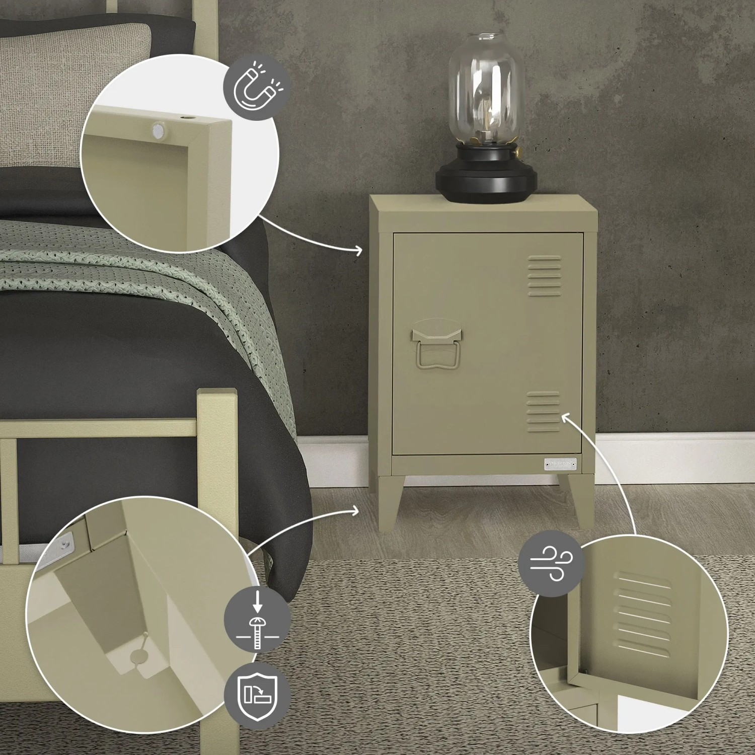 ML-Design Nachttisch in Olive aus Stahl im Industriedesign mit Tür und Lüftungsschlitzen.