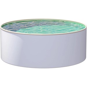 Runder Poolomio Stahlwandpool, 500x120 cm, mit weißer Stahlwand und blauem Wasser.