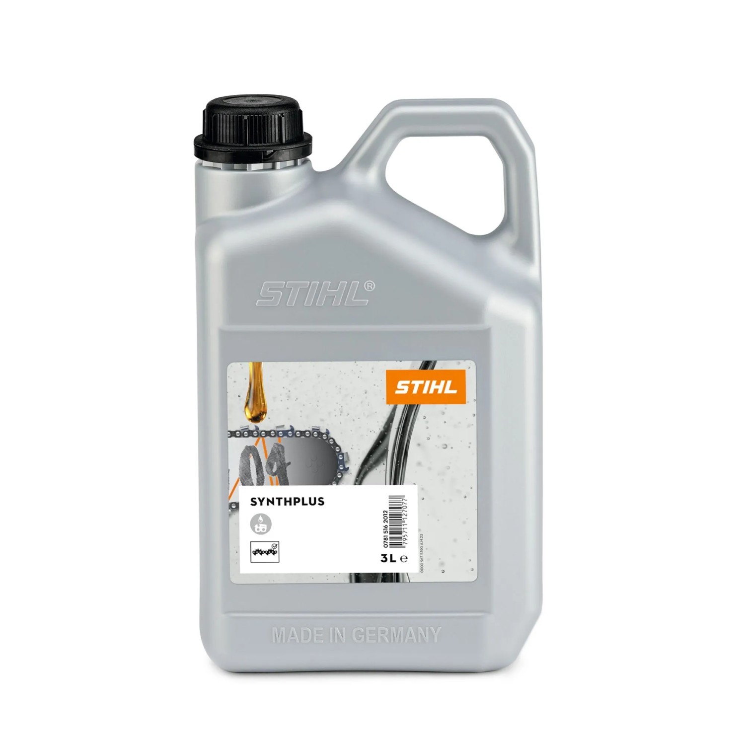 Stihl Sägekettenhaftöl SynthPlus 3 l in grauem Kanister mit orangefarbenem Logo für Kettensägen.