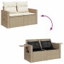 Beige 8-tlg. Garten-Sofagarnitur aus Rattan mit Kissen und Stauraum unter den Sitzen.
