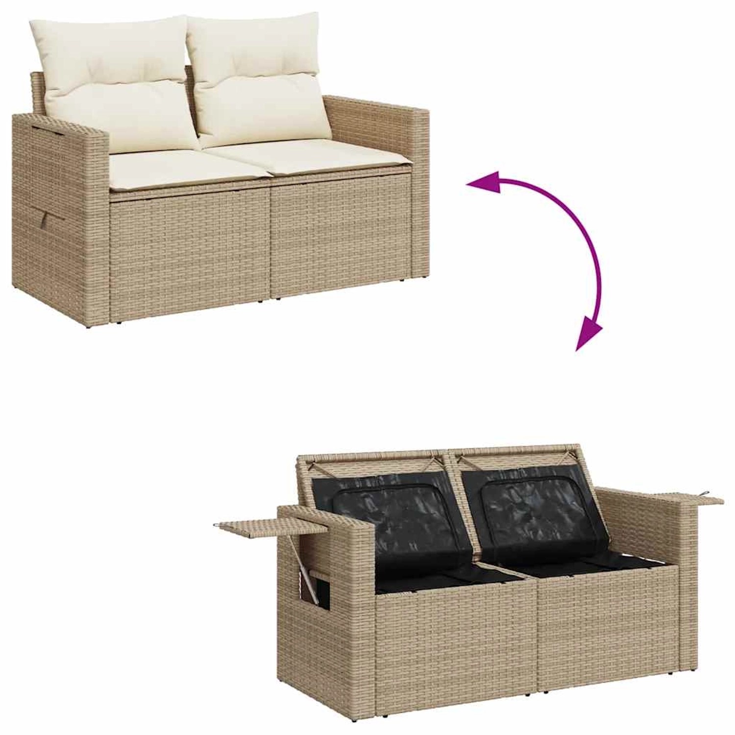 Beige 8-tlg. Garten-Sofagarnitur aus Rattan mit Kissen und Stauraum unter den Sitzen.