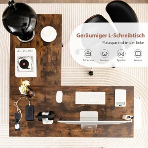 Rustikaler, brauner L-förmiger Schreibtisch (120x120x75 cm) mit Ablagefächern und Ladestation.