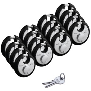 Set aus 16 Basi Rundbügel-Vorhangschlössern, 70mm, schwarz, gleichschließend, Edelstahlgehäuse mit Witterungsschutz.