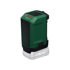 Robuster Bosch Akku-Bluetooth-Lautsprecher UniversalSpeaker 18V-1 in Grün-Schwarz mit Gitter und Bedienfeld.