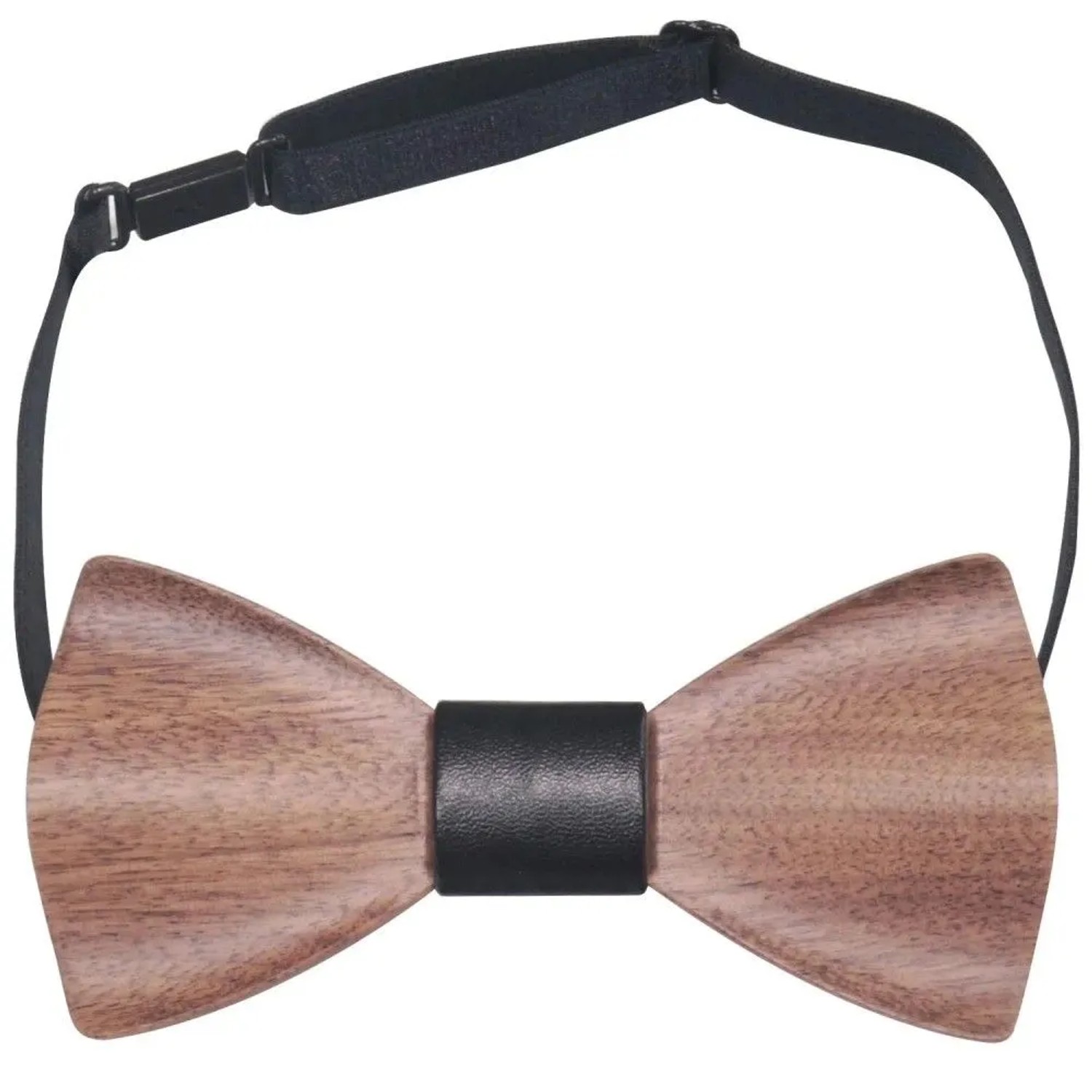 Handgefertigte Herren-Holzfliege aus Walnuss mit schwarzem Kunstleder-Mittelstück und verstellbarem Band.