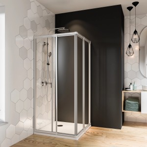 Breuer Eckeinstieg Fara 4 mit Schiebetür, Silber matt, Klarglas, 80-90 cm im Badezimmer.