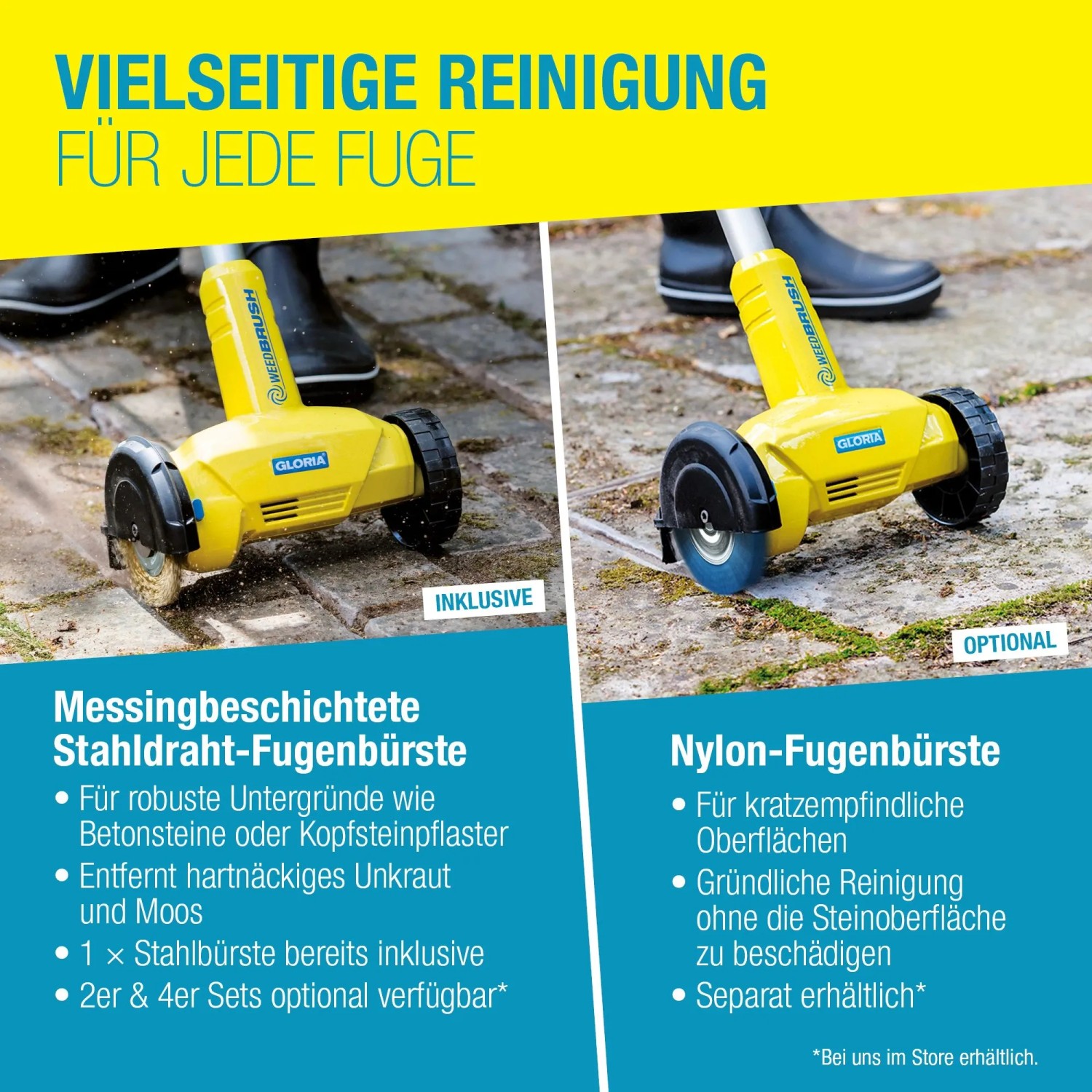 Gloria WeedBrush Elektro-Fugenbürste mit Messing- und Nylonbürste für die Unkrautentfernung im Garten.