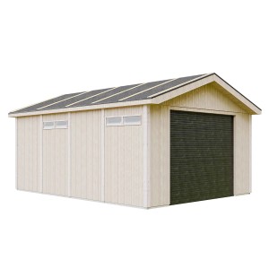 Timbela Garage Premium M991B, Fertiggarage aus Holz mit Rolltor und Dach, 378x530x269 cm.
