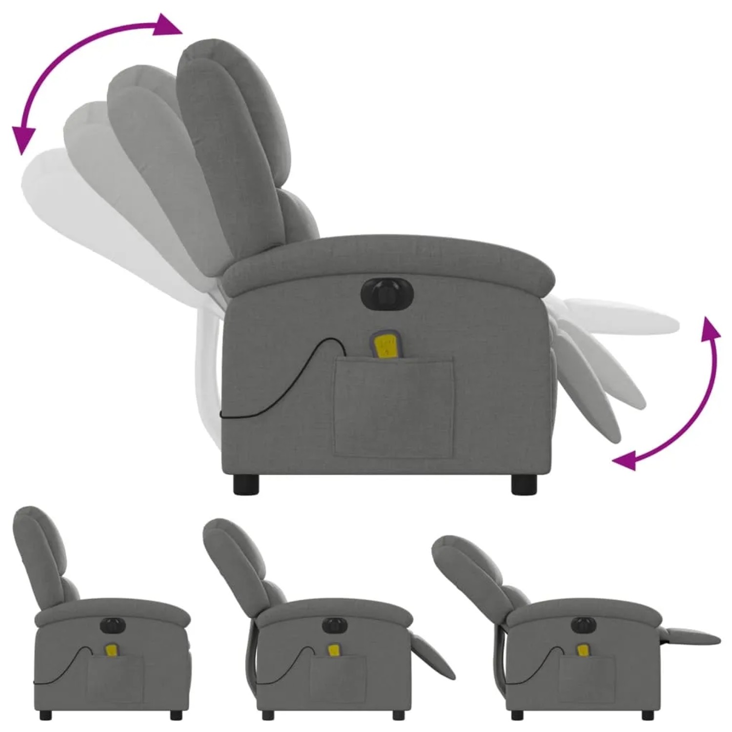 Dunkelgrauer vidaXL Massagesessel Modell 7 mit elektrischer Verstellung in verschiedenen Positionen.