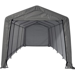 Graue ShelterLogic Garage, 18,3 m², mit Stahlgestell. Ideal als Fertiggarage oder Unterstand.