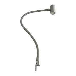 Silbergraue LED Bettleuchte mit flexiblem Schwanenhals, 3W Warmweiß, zur Montage als Nachttischlampe.