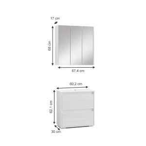 Vicco Badmöbel-Set Majest, weiß/hochglanz, 2-teilig, mit Maßen von Waschbeckenunterschrank und Spiegelschrank.