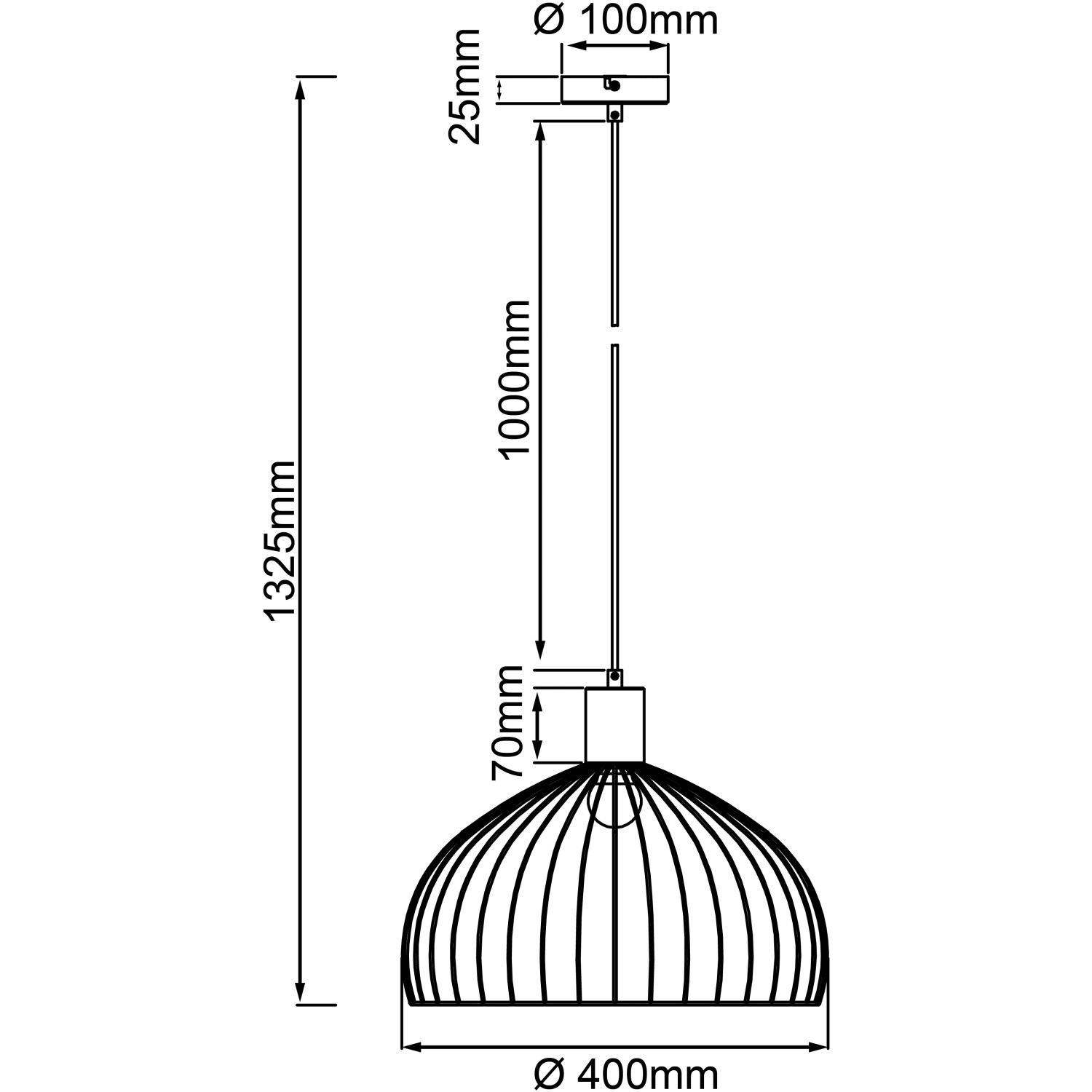 Skizze der schwarzen Brilliant Pendelleuchte Blacky, Ø 40 cm, mit Maßangaben.