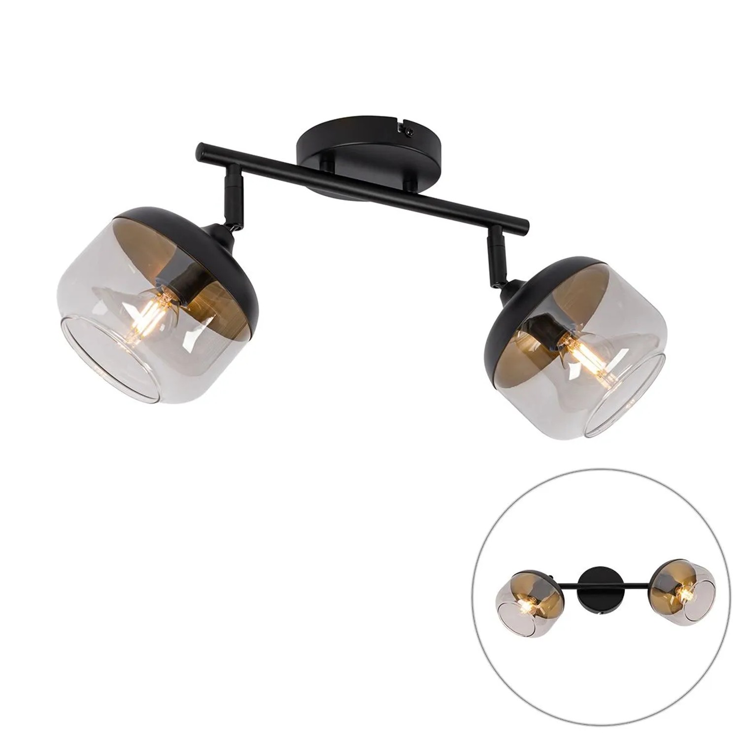 QAZQA Design Spot Schwarz mit Gold und Rauchglas 2 Flammig   Kyan