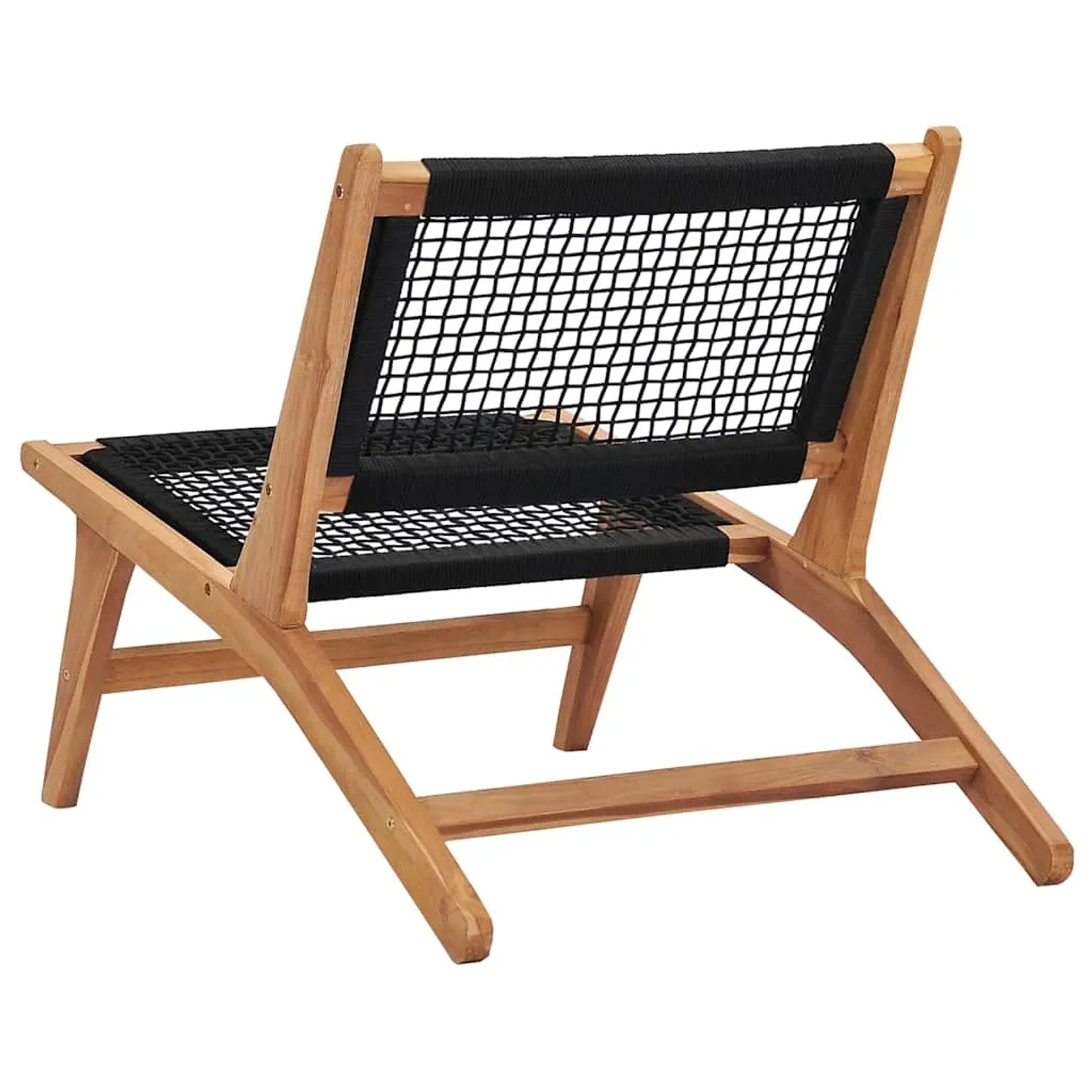 Sonnenliege aus Teakholz mit Fußablage und schwarzem Seilgeflecht.