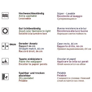 Symbole der EDEM 1003-31 Tapete: Waschbeständigkeit, Lichtbeständigkeit, gerader Ansatz, einkleistern, spaltbar.