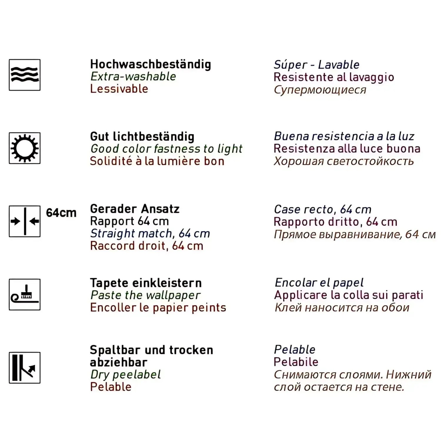 Symbole der EDEM 1003-31 Tapete: Waschbeständigkeit, Lichtbeständigkeit, gerader Ansatz, einkleistern, spaltbar.
