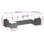 Braune 7-teilige Garten-Sofagarnitur aus Polyrattan mit Kissen und Maßangaben.