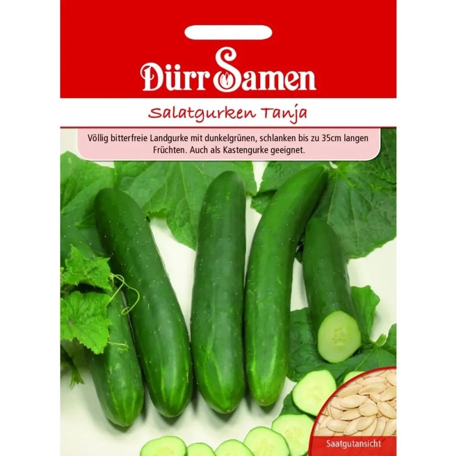 Dürr Samen Salatgurken Tanja Saatgut-Packung. Abbildung dunkelgrüner, schlanker Gurken, geschnitten und ganz, sowie Samen. Gemüsesamen.