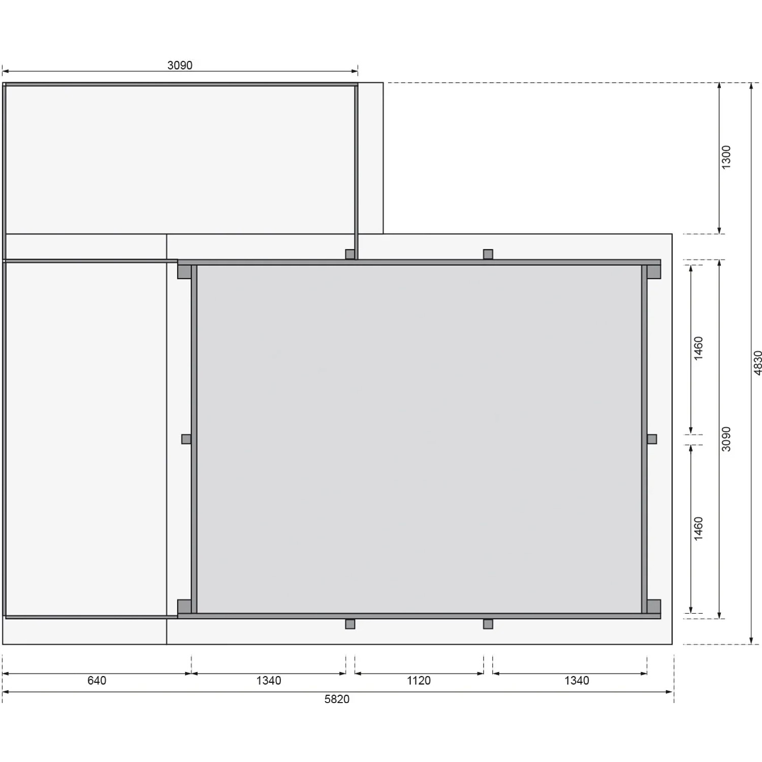 Draufsicht Karibu Pool 2 mit Sonnenterrassen, Maße und Details zum Holzpool Set.