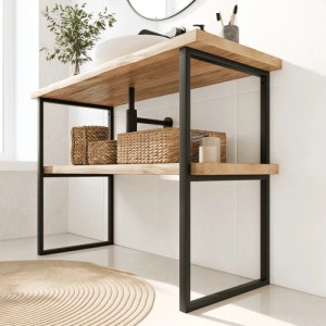 Schwarzes HEVVA Waschtischgestell NECKAR aus Metall mit Holzplatte und Ablage in modernem Bad. Ideal für Aufsatzwaschbecken.
