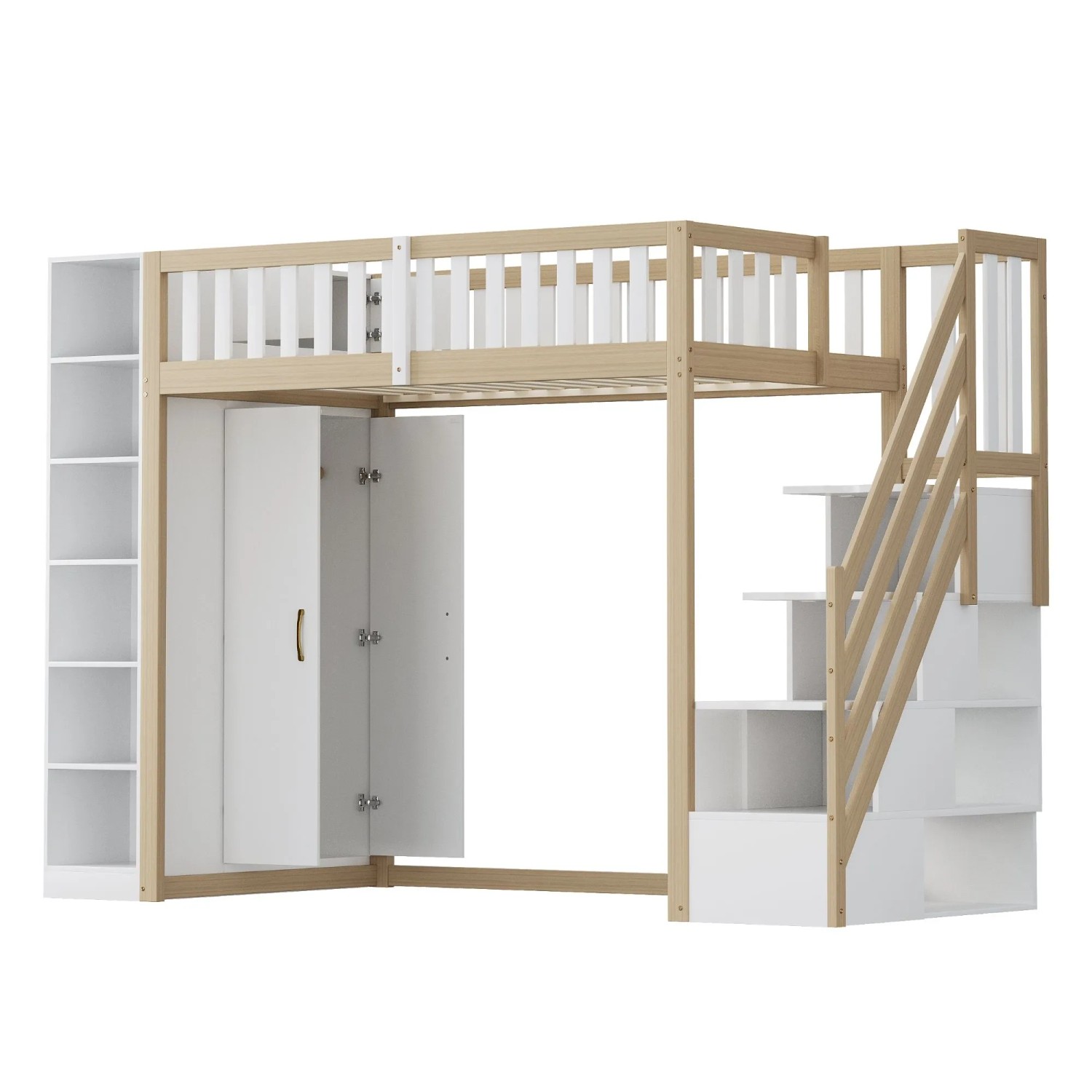 okwish Hochbett 90x200cm mit Regalen und Kleiderschrank Natur ohne Matratze