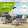 Graue Juskys Polyrattan Lounge Santorini mit Tisch und Auflagenbox für 4 Personen.