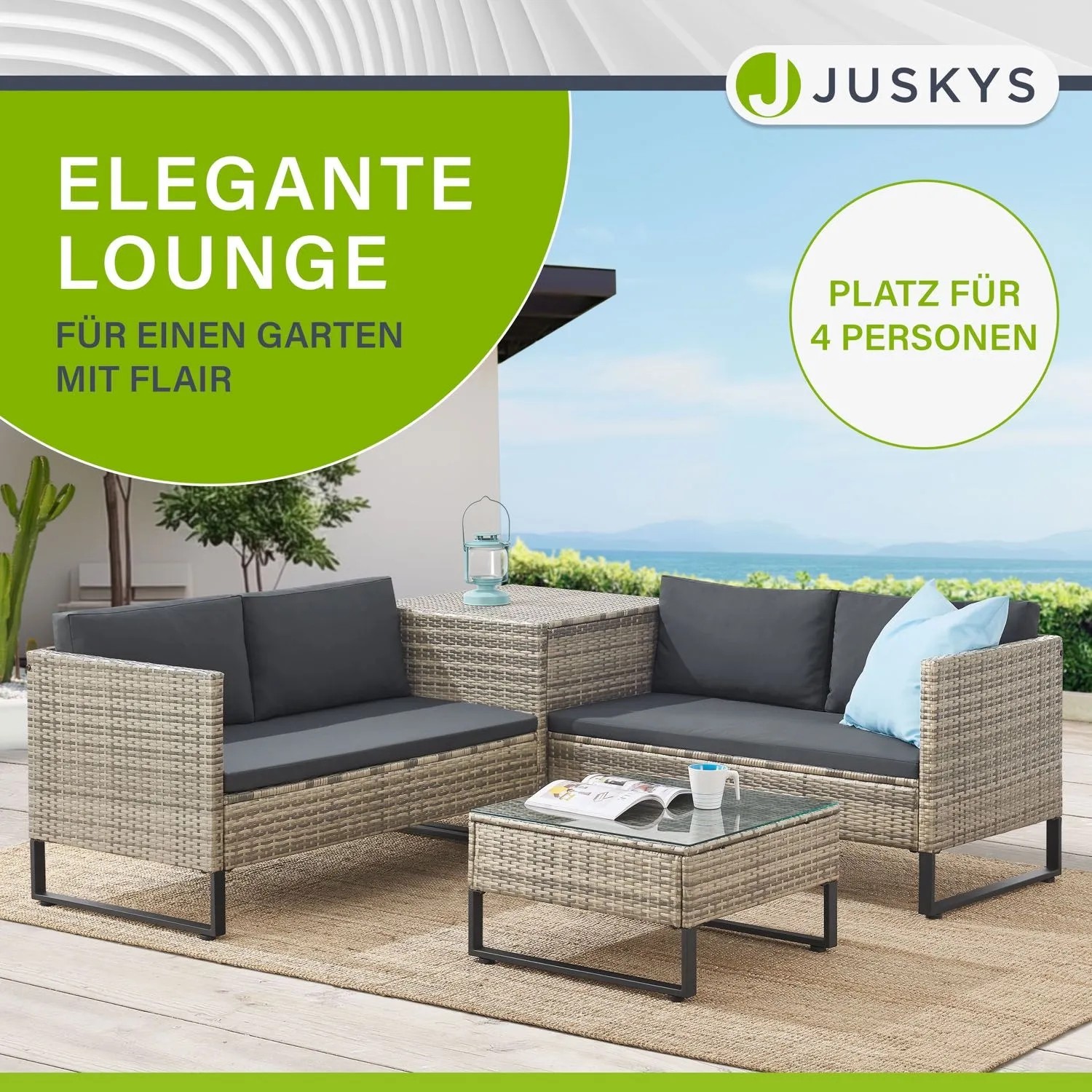Graue Juskys Polyrattan Lounge Santorini mit Tisch und Auflagenbox für 4 Personen.