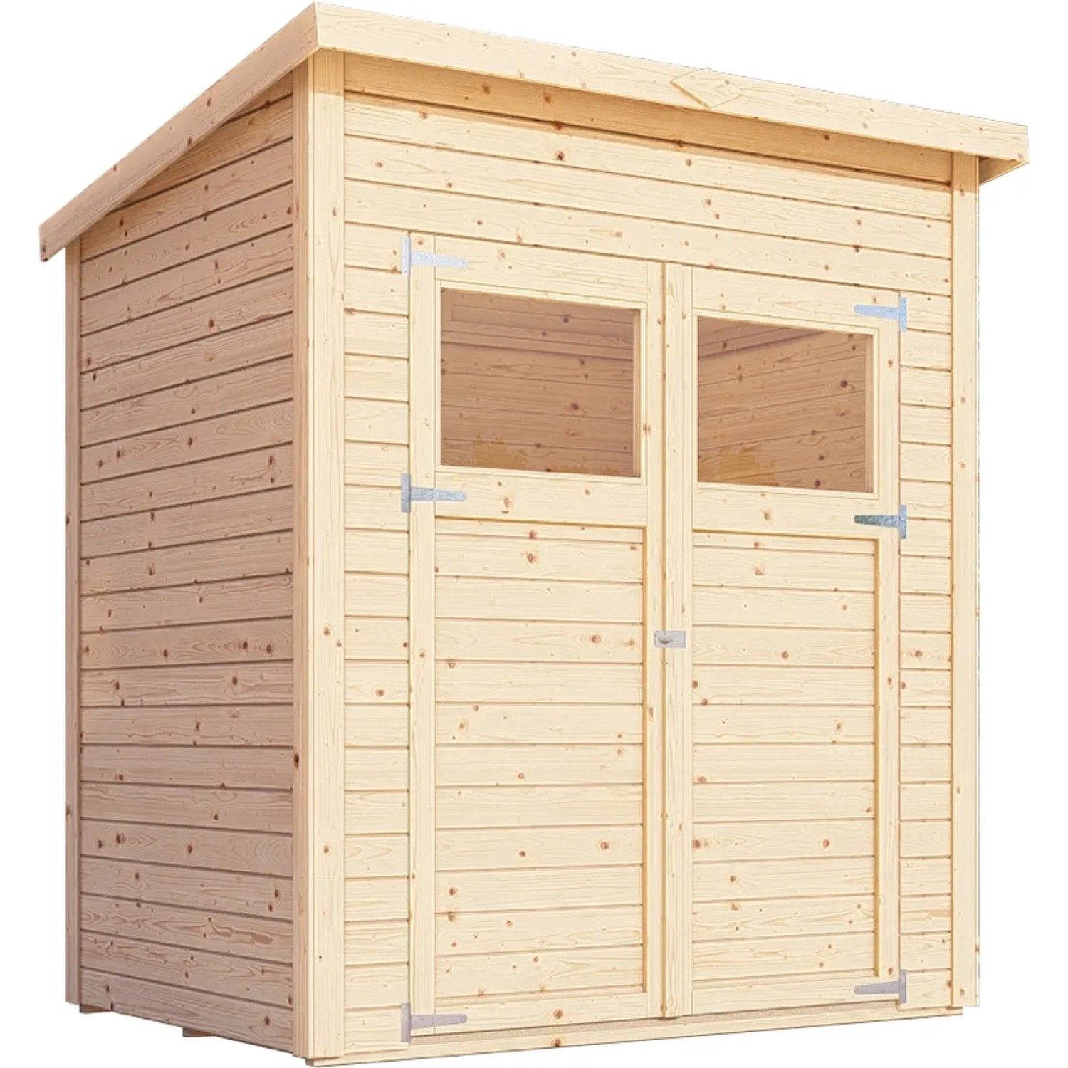 Bertilo Gartenhaus Amrum aus Holz mit Doppeltür und Lichtausschnitten.