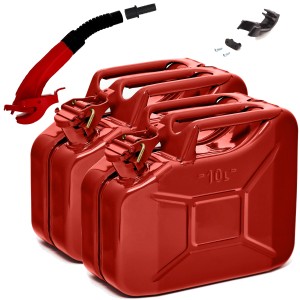 Zwei rote 10L BW Kraftstoffkanister aus Metall mit Ausgießer und Zubehör.