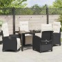 Schwarze 5-tlg. Garten Essgruppe aus Poly Rattan mit Tisch und Stühlen mit Auflagen.