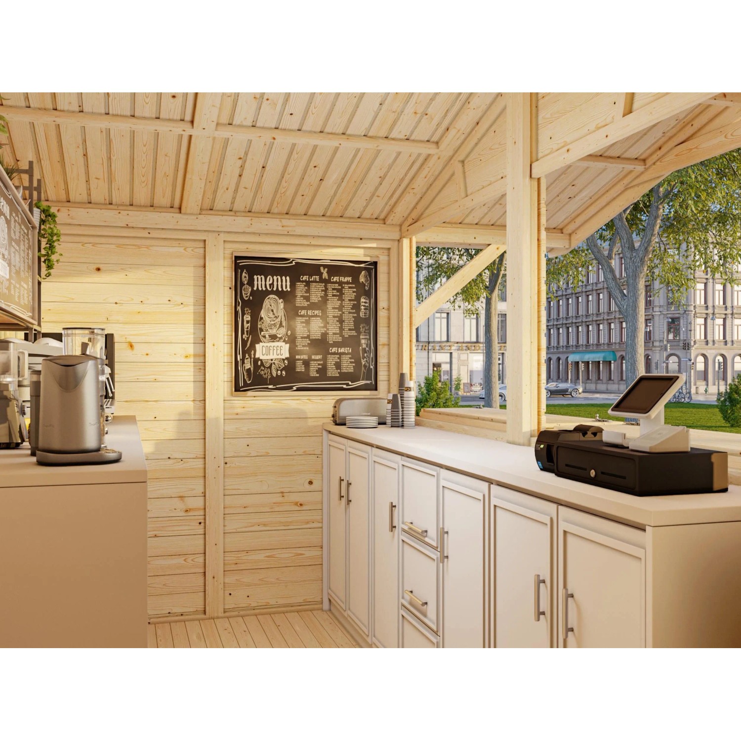 Innenansicht Palmako Stella Gartenhaus: Grau, mit Theke, Kasse und Tafel. Holz-Gartenhaus.