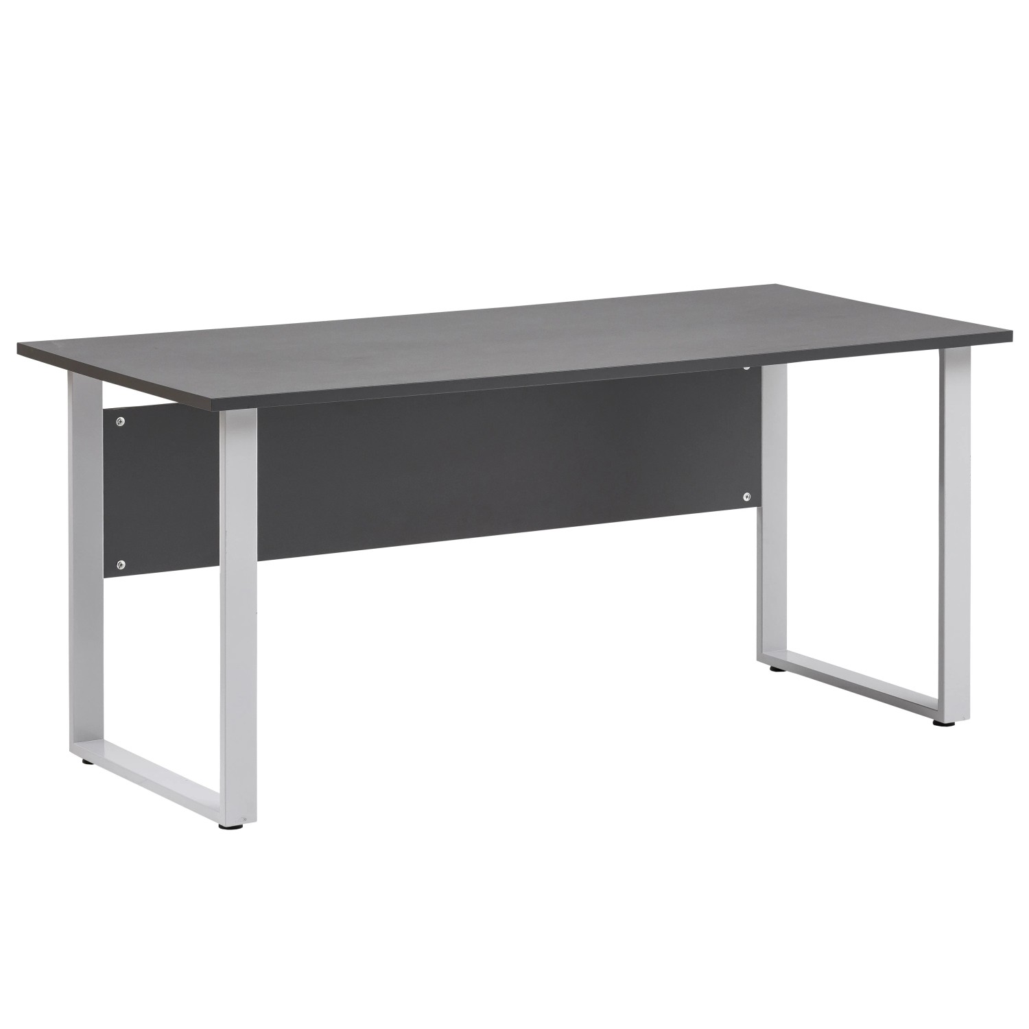 Schildmeyer Schreibtisch Serie 1500 in Anthrazit-Grau mit silbernem Metallfußgestell.