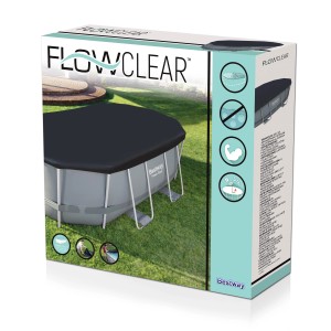 Verpackung der schwarzen Bestway PVC-Abdeckplane für ovale Pools, Größe 427x250 cm.