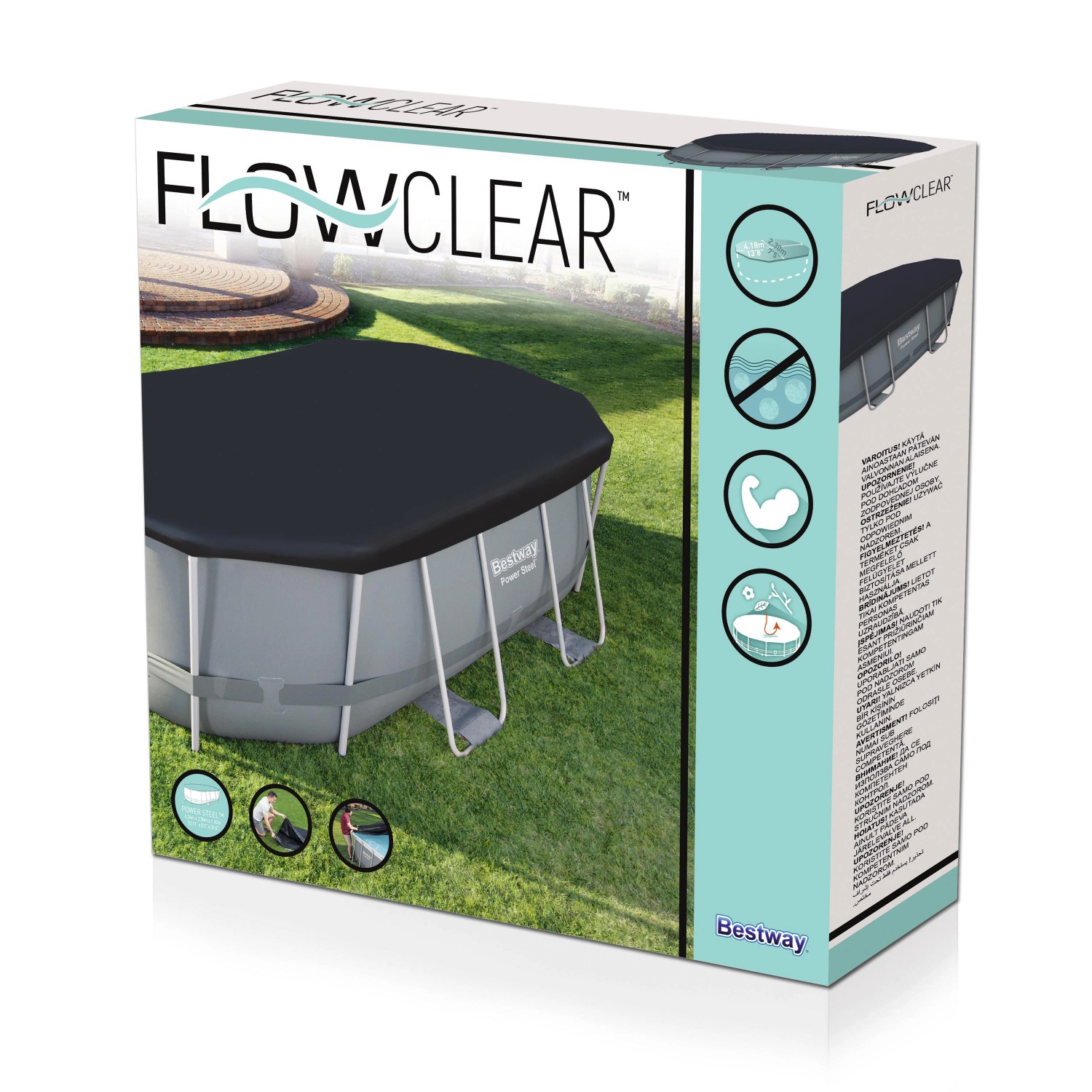 Verpackung der schwarzen Bestway PVC-Abdeckplane für ovale Pools, Größe 427x250 cm.