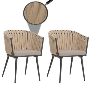 Proregal 2er-Set Aluminium-Gartenstuhl HxBxT 82x61x57 cm Sitzhöhe 50cm Olefin Seilgeflecht Rope Creme Kissen Hellbraun Outdoor Stuhl Armlehne