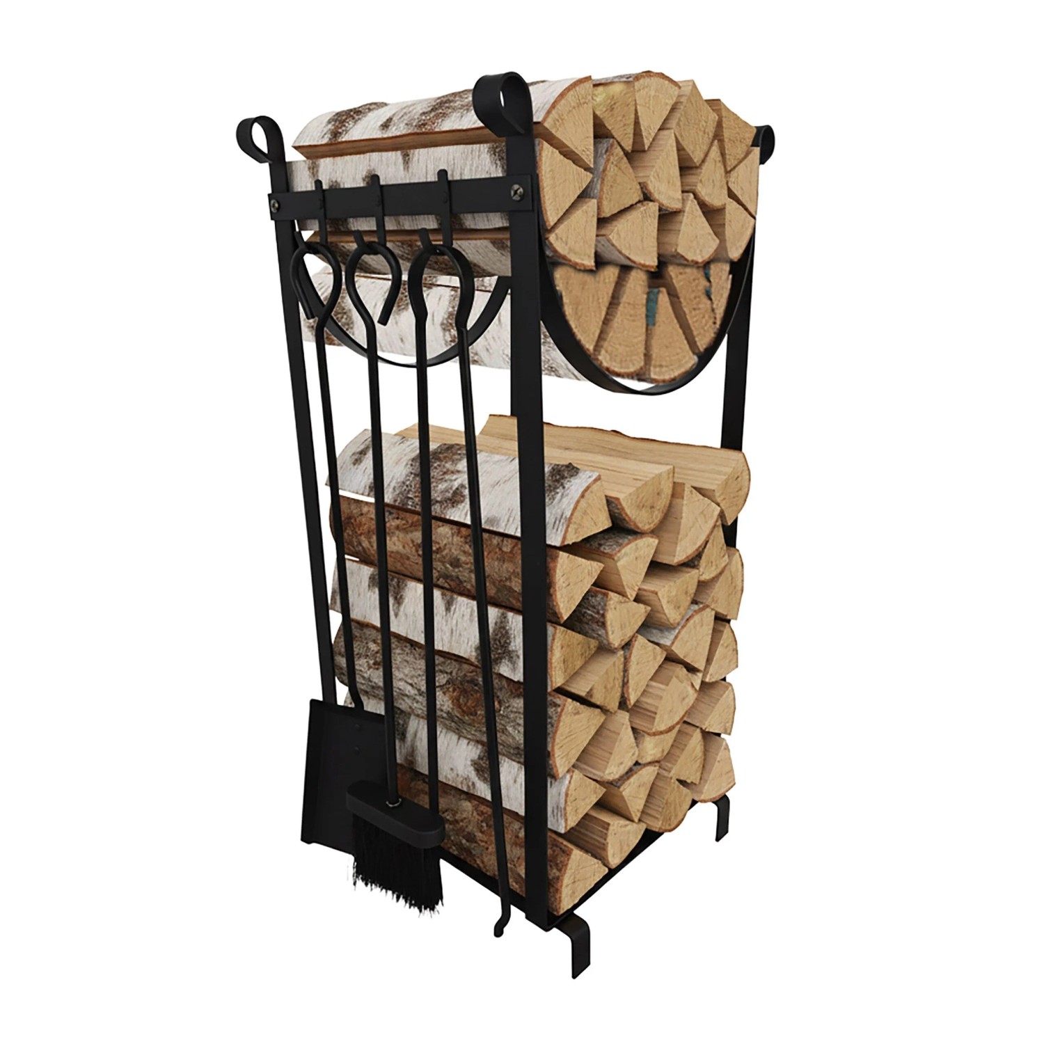 Relaxdays Kaminholzregal Eisen Schwarz mit Kaminbesteck Belastbar 50 kg 76 cm x 33 cm x 33 cm
