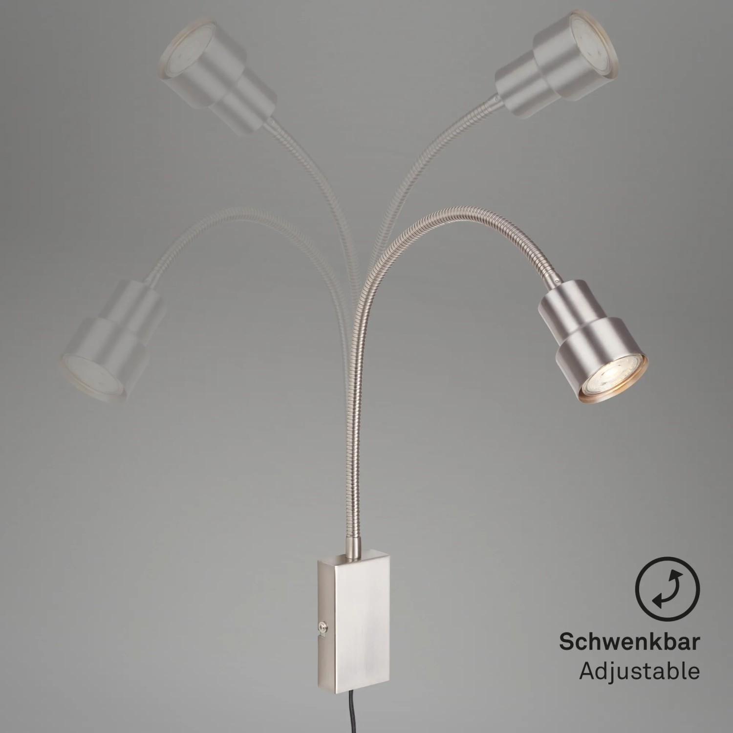 Briloner LED-Bettleuchte Tusi in Matt-Nickel mit flexiblem Arm zur individuellen Lichtausrichtung.
