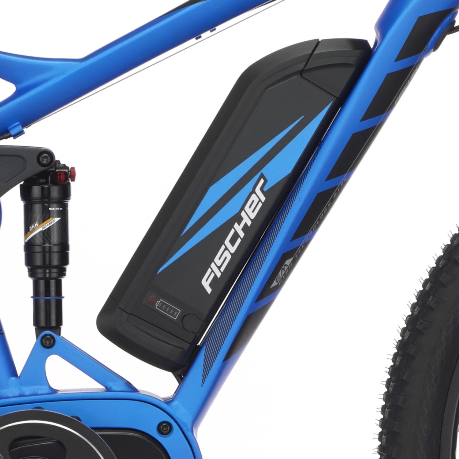 Detailaufnahme: Blauer Fischer E-Bike Rahmen mit Akku. E-Bike Montis EM 1862.