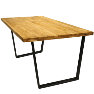 Massiver Esstisch aus Eiche (180x100 cm) mit Aufdopplung und schwarzem Metallgestell.