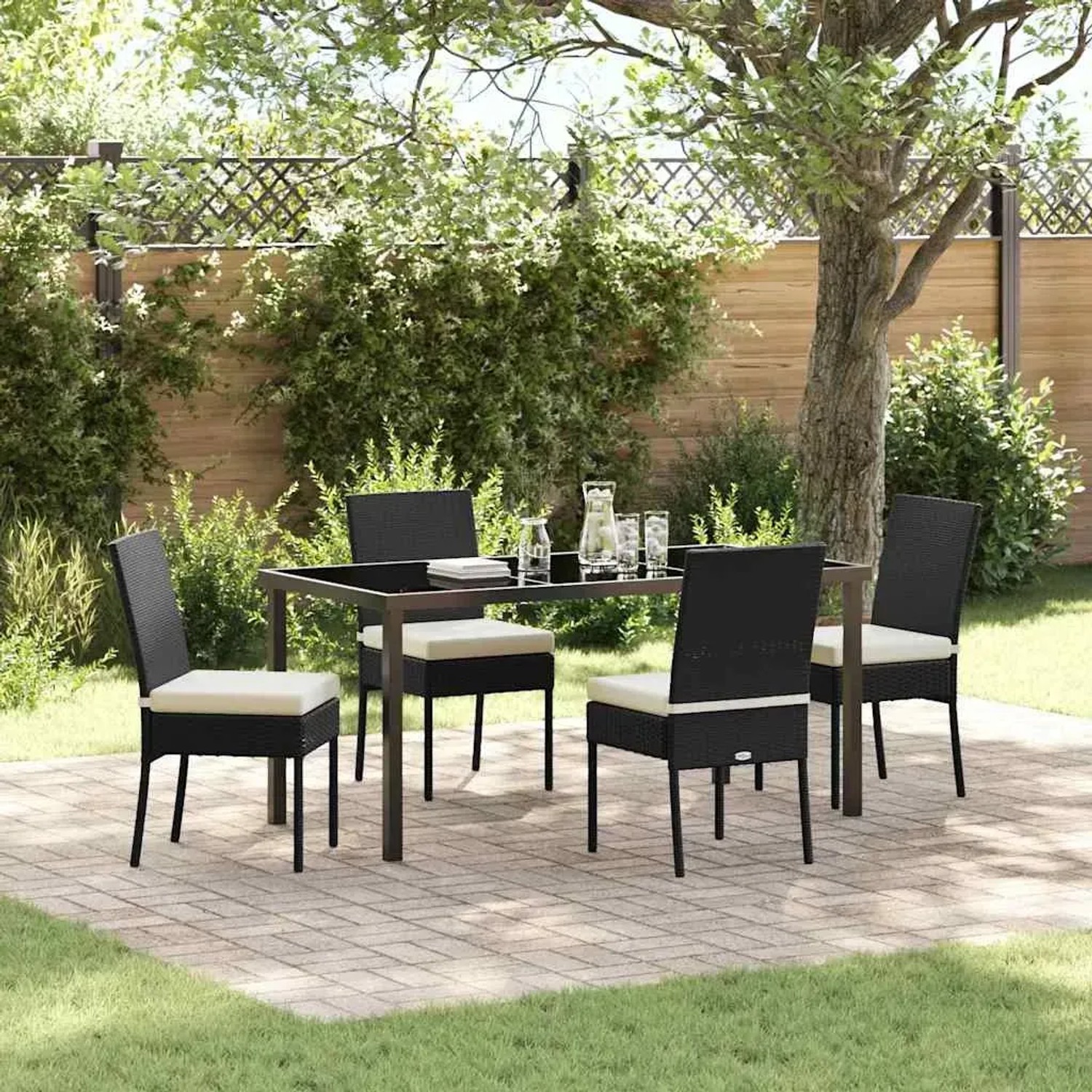 Schwarze vidaXL Garten Essgruppe, 5-teilig, Poly Rattan mit Tisch und 4 Stühlen.