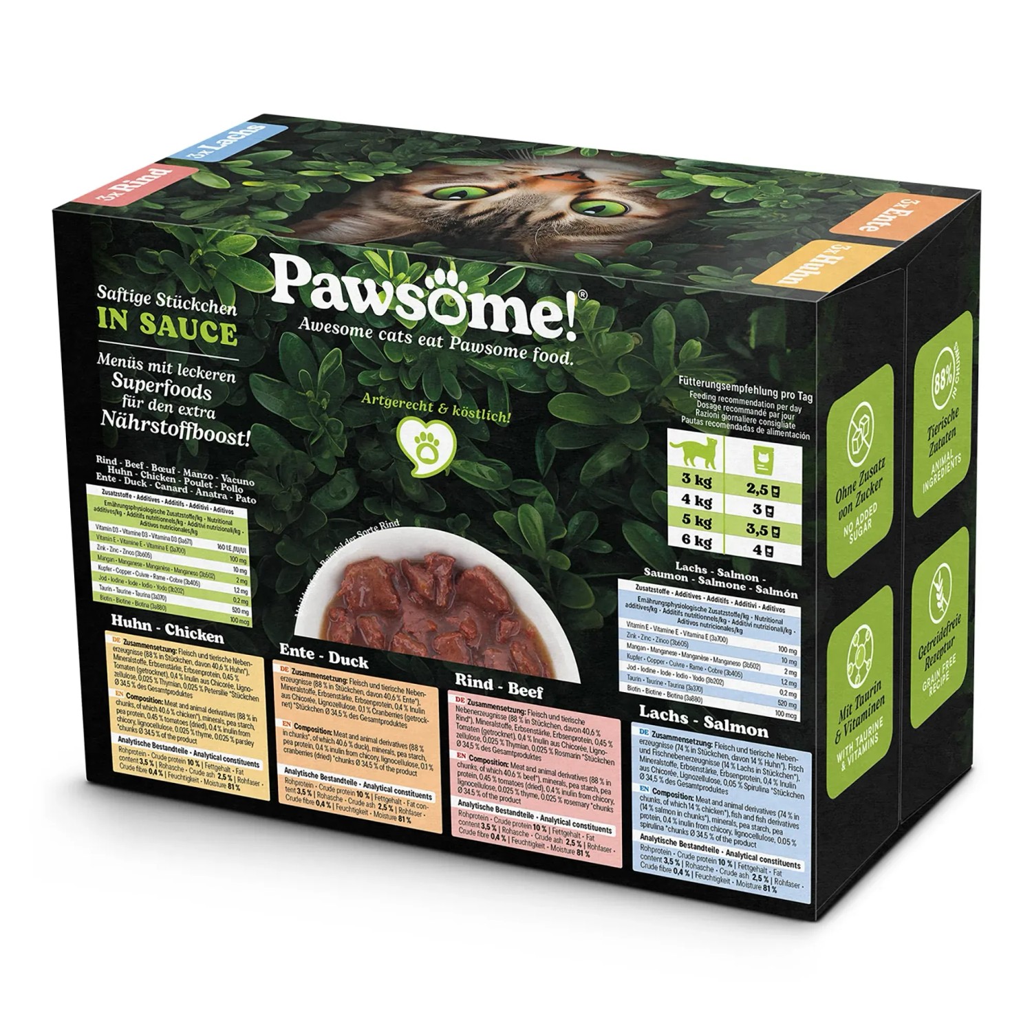 Pawsome Katzen-Nassfutter Multipack, 12 x 85g. Adult Katzenfutter mit Rind, Huhn, Lachs und Ente.