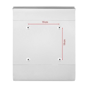 Detailansicht der Rückseite des silbernen Banjado Design Briefkastens mit Bohrlöchern und Maßangaben.
