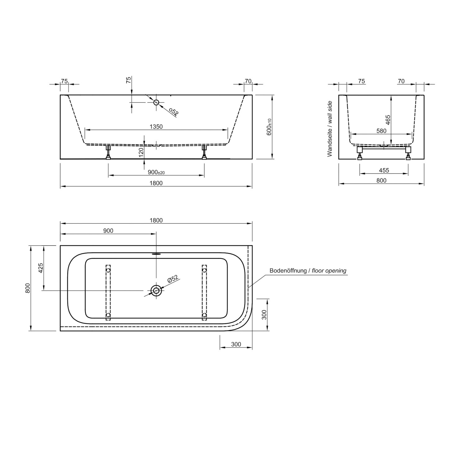 Technische Zeichnung der Ottofond Spirit Eckbadewanne 180x80 cm (rechts) mit Maßangaben.