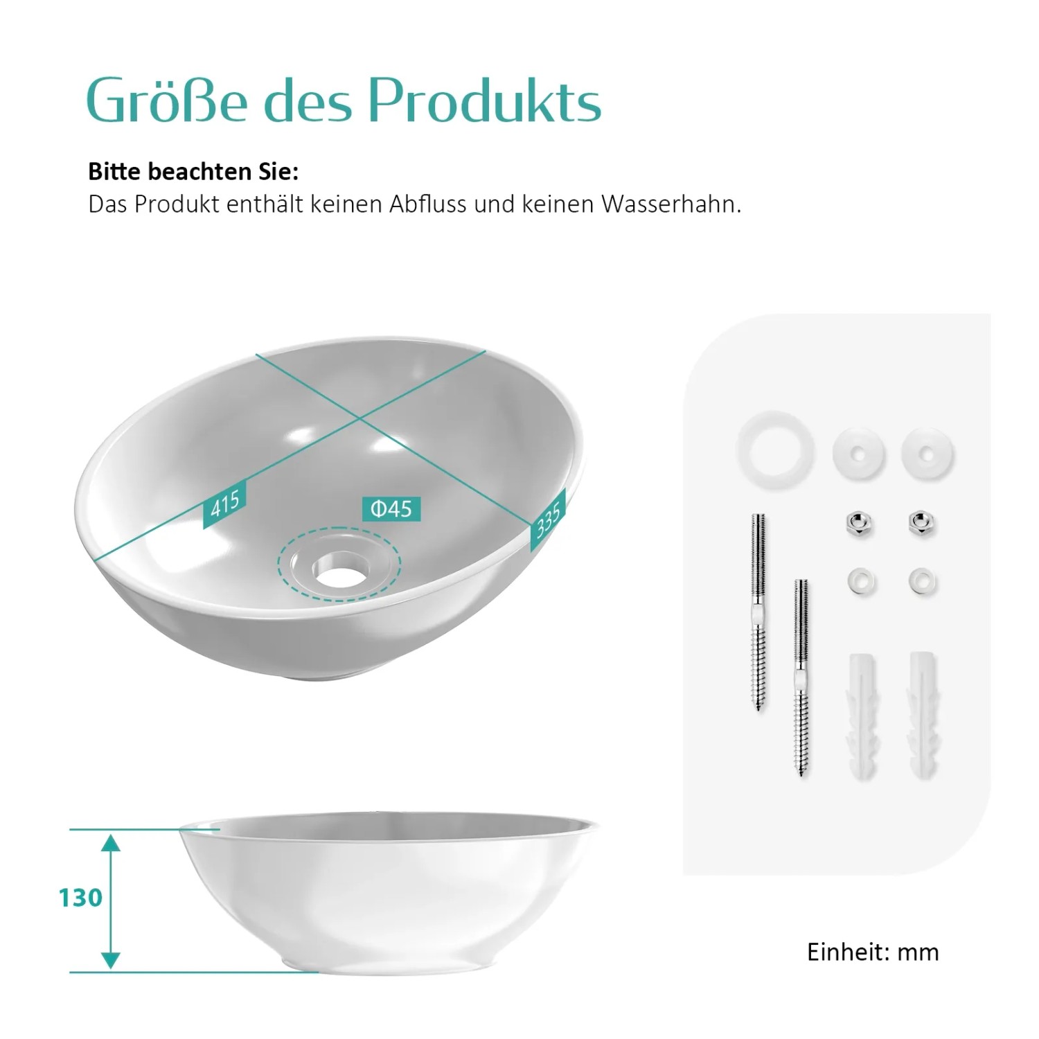 Emke Handwaschbecken, ovales Aufsatzwaschbecken aus Keramik, Maße und Montagezubehör.