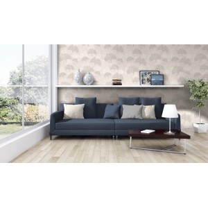 Wohnraum mit A.S. Création Vliestapete Designbook Ginkgoblatt in Beige-Silber.